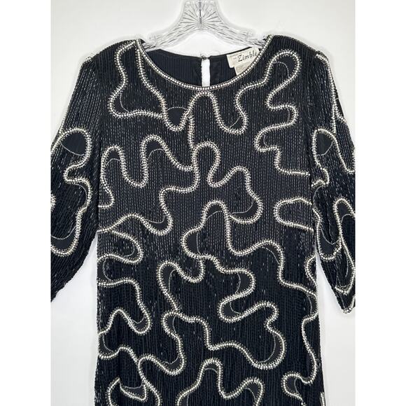 Vintage Michelle Yim for Zimble Silk Beaded Mini Dress Black Pearl 80s Glam M - Picture 4 of 16